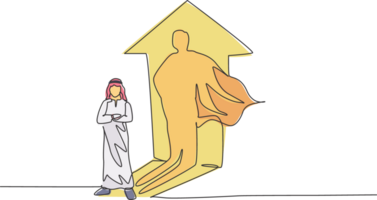enda kontinuerlig linje teckning av ung arab affärsman stående med super hjälte skugga på vägg. professionell arbetstagare. minimalism begrepp dynamisk ett linje dra grafisk design illustration png