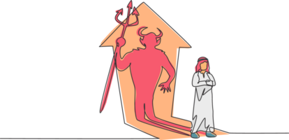 Single one line drawing of young Arabic businessman standing with devil shadow behind him on wall. Bad character person minimal concept. Modern continuous line draw design graphic illustration png