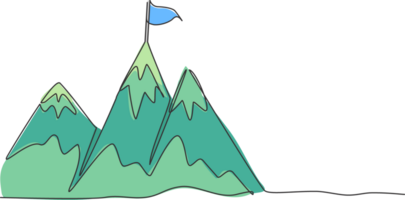 Single kontinuierlich Linie Zeichnung Berge mit Ziel Flagge auf das oben. erreichen und Klettern Geschäft Tor auf das Hügel oben. Minimalismus Konzept dynamisch einer Linie zeichnen Grafik Design Illustration png