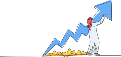 Célibataire continu ligne dessin de Jeune arabe homme d'affaire rapports en augmentant financier croissance. affaires présentation. minimalisme concept dynamique un ligne dessiner graphique conception illustration png