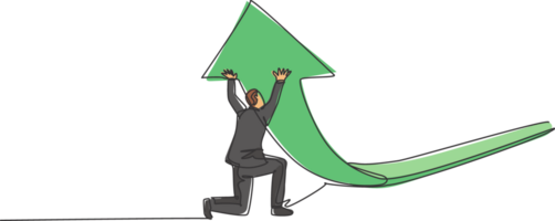 Continuous one line drawing of young male worker lifting the rising financial arrow graph up. Success business manager minimalist concept. Trendy single line draw design graphic illustration png