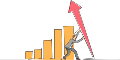 singolo uno linea disegno di giovane inteligente attività commerciale uomo sollevamento il finanza grafico bar su. attività commerciale finanziario mercato crescita minimo concetto. moderno continuo linea disegnare design grafico illustrazione png