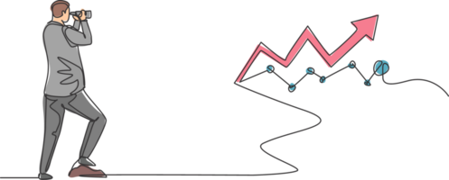 Single continuous line drawing young entrepreneur looking for sales graph increase target. Professional businessman vision. Minimalism concept dynamic one line draw graphic design illustration png