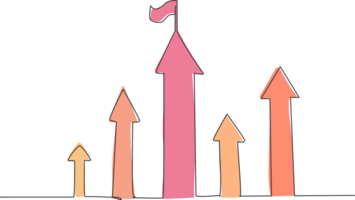 Continuous one line drawing of increasing up arrows sign with a flag on the top. Success business goal target minimalist concept. Trendy single line draw design graphic illustration png