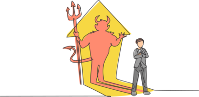 Continuous one line drawing of young evil businessman standing with devil shadow at behind. Bad business manager minimalist concept. Trendy single line draw design graphic illustration png