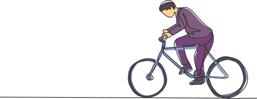 enda kontinuerlig linje teckning ung manlig arbetstagare ridning cykel till de kontor. utmärkt professionell affärsman arbete etik. minimalism begrepp dynamisk ett linje dra grafisk design illustration png