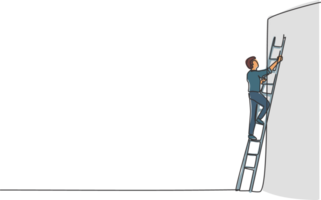 Single one line drawing of young smart entrepreneur climbing up the wall with ladder. Business obstacle metaphor minimal concept. Modern continuous line draw design graphic illustration png
