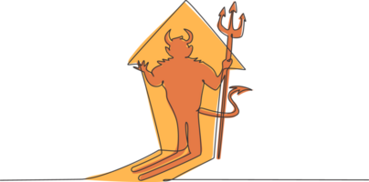 Single one line drawing of devil shadow on the rising up arrow sign light. Bad horror demon character minimal concept. Modern continuous line draw design graphic illustration png