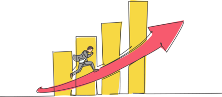 single doorlopend lijn tekening van jong arbeider rennen snel Aan toenemend pijl teken. professioneel zakenman werk ethiek. minimalisme concept dynamisch een lijn trek grafisch ontwerp illustratie png