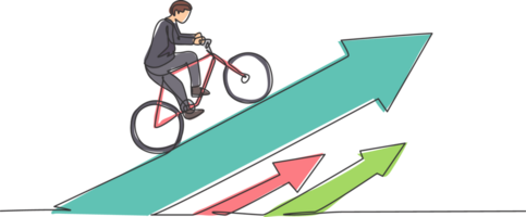 Continuous one line drawing young male worker climb the arrow sign up riding bicycle. Success business manager work ethic minimalist concept. Trendy single line draw design graphic illustration png