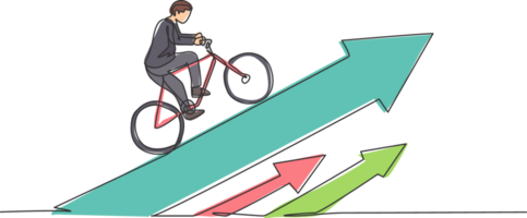 continuo uno linea disegno giovane maschio lavoratore scalata il freccia cartello su equitazione bicicletta. successo attività commerciale manager opera etica minimalista concetto. di moda singolo linea disegnare design grafico illustrazione png