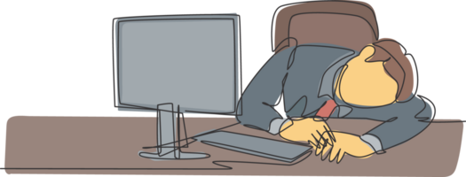 Single continuous line drawing of young sleepy startup CEO fall asleep on work desk while he was reading. Work overload fatigue at the office concept one line draw design graphic illustration png