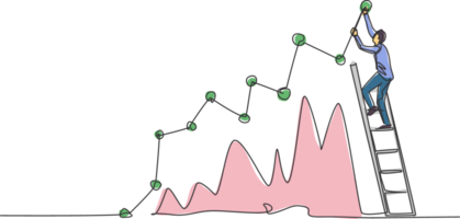 soltero continuo línea dibujo de joven negocio hombre alpinismo escalera a firmar incrementar mercado cuadro. profesional empresario. minimalismo concepto dinámica uno línea dibujar gráfico diseño ilustración png