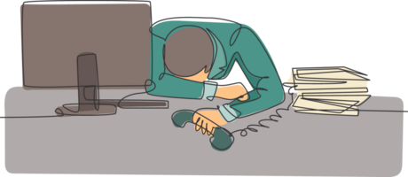 Single continuous line drawing of young despair manager give up answering phone call and cover his face on the desk. Work overload at the office concept one line draw design illustration png