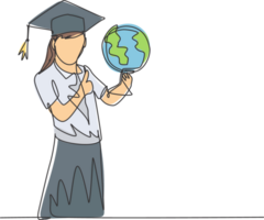 un ligne dessin de Jeune content femelle étudiant porter une globe et portant l'obtention du diplôme chapeau et donnant les pouces en haut geste. éducation concept continu ligne graphique dessiner conception illustration png