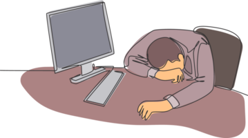 One single line drawing of young tired male employee sleeping on the work desk with computer. Work overload fatigue concept continuous line draw design illustration png