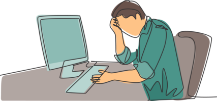 Single continuous line drawing of young tired businessman feel dizzy while he is working at office. Work fatigue after overload job concept. Trendy one line draw design graphic illustration png