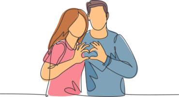 uno continuo línea dibujo de joven contento hombre y mujer Pareja manos formando corazón forma juntos. romántico comprometido aniversario concepto. moderno soltero línea dibujar diseño gráfico ilustración png