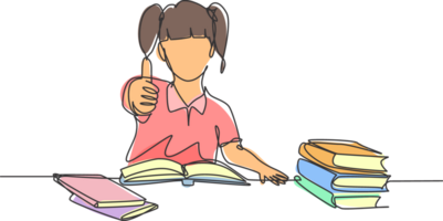 One line drawing of young happy elementary school girl student studying in the library and reading stack of book while gives thumb up. Education concept continuous line draw design illustration png