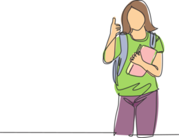 un ligne dessin de Jeune beauté élémentaire école fille étudiant en portant livre et école sac tandis que donne pouce en haut geste. éducation concept continu ligne dessiner conception graphique illustration png