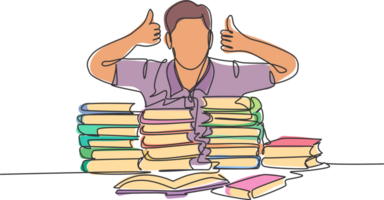 One line drawing of young happy male student giving thumbs up gesture on a pile of books and give thumbs up gesture. Education concept continuous line draw graphic design illustration png