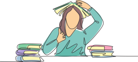 One line drawing of young bored female student read stack of books in library and put the book on her head and gives thumb up gesture. Education concept continuous line draw design illustration png