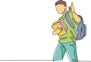 One line drawing of young happy elementary school boy student carrying stack of books and giving thumbs up gesture. Education concept continuous line draw design illustration png