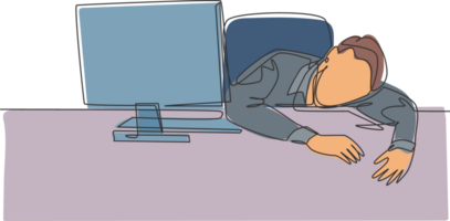 Single continuous line drawing of young sleepy startup CEO fall asleep on work desk while he was reading. Work overload fatigue at the office concept one line draw graphic design illustration png