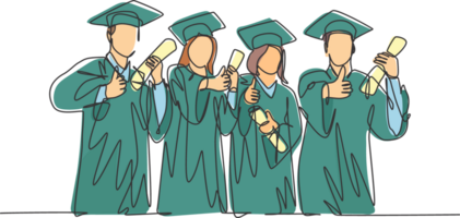 One line drawing group of graduate male and female college student wearing gown uniform and hold diploma certificate paper. Education concept continuous line draw design graphic illustration png