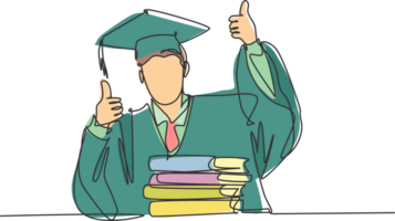 uno linea disegno di giovane contento diplomato maschio Università alunno indossare la laurea uniforme e dando pollici su gesto nel davanti di libri pila. formazione scolastica concetto continuo linea disegnare design png