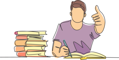 One line drawing of young happy male college student studying and reading stack of books in library while gives thumbs up gesture. Education continuous line draw graphic design vector illustration png