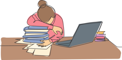 Single continuous line drawing of young tired female employee sleeping on the work desk with laptop and pile of papers. Work fatigue at the office concept one line draw design illustration png