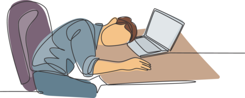enda kontinuerlig linje teckning av ung sömnig manlig arbetstagare falla sovande på bärbar dator medan han var arbetssätt på hans skrivbord. arbete Trötthet på de kontor begrepp ett linje dra design grafisk illustration png