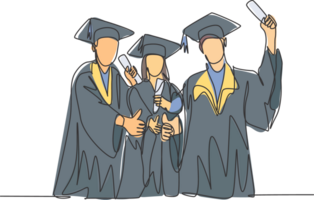 un ligne dessin groupe de Jeune content diplômé Masculin et femelle Université étudiant portant robe et donnant les pouces en haut geste. éducation concept continu ligne dessiner conception illustration png