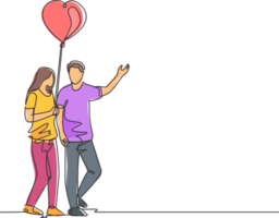 One single line drawing of young happy man and woman couple take a walk together and holding a heart shaped balloon. Romantic marriage love concept continuous line draw design illustration png