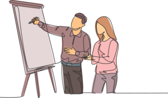 Single continuous line drawing of male CEO explaining business process to his partner with infographic on flip chart. Startup work meeting concept. One line draw graphic design illustration png