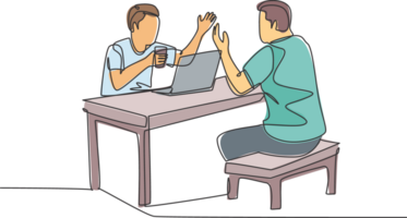 One continuous line drawing of young happy manager drink a cup of coffee and discussing business project. Working together on co working space concept single line draw design illustration png