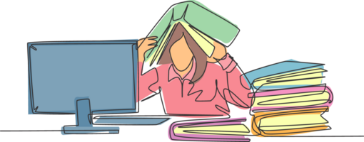 One single line drawing of young depression female employee sitting in front of computer and stack of papers and covered her head with folder. Worker concept continuous line draw design illustration png