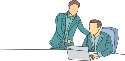 Single continuous line drawing of young manager discussing work plan with his subordinate while staring laptop monitor. Business discussion concept. One line draw design graphic illustration png