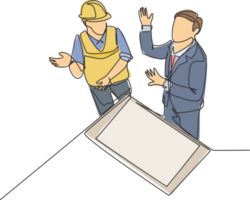 Single continuous line drawing of young architect and foreman discussing about blueprint building design. Construction planning talk concept. Modern one line draw design graphic illustration png