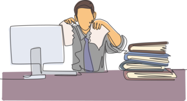 Single continuous line drawing of young mad stressful businessman tearing paper in his work desk at his office. Business project failure concept one line draw graphic design illustration png