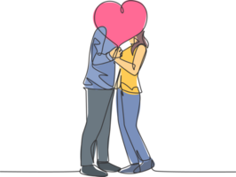 ett enda linje teckning av ung Lycklig par man och kvinna kissing och täckt förbi hjärta form ballong fira deras äktenskap. romantisk kärlek begrepp kontinuerlig linje dra design illustration png