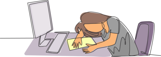 Single continuous line drawing of young tired female employee sleeping on the work desk with computer. Work fatigue at the office concept. Trendy one line draw design graphic illustration png