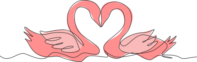 One continuous line drawing of cute swan couple swimming on the lake and their heads formed romantic heart shape. Romantic animal love concept single line graphic draw design illustration png