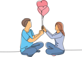 One continuous line drawing of young happy man and woman couple sitting on the couch and holding heart shape balloon together. Romantic dating concept single line draw design illustration png