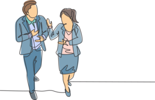 Single continuous line drawing of two business colleagues discussing about plan doing project together while walking. Business collaboration concept one line draw graphic design illustration png