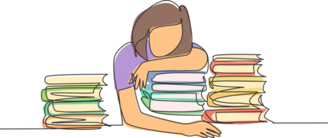 One single line drawing of young bored female college student fall asleep on pile of books while studying at library. Learning concept. Modern continuous line draw design graphic illustration png