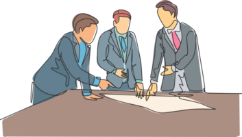 single doorlopend lijn tekening van jong arbeiders pratend ernstig over bedrijf het beleid in de omgeving van de tafel. kantoor werknemer leven discussie concept. een lijn trek ontwerp grafisch illustratie png