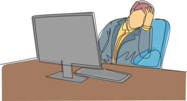 Single continuous line drawing of young sleepy businessman fall asleep on office chair with computer turn on at work desk. Work fatigue concept one line draw design illustration png