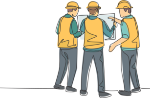 Single continuous line drawing of young architect and foreman brainstorming about blueprint building design. Construction discussion planning concept. One line draw graphic design illustration png